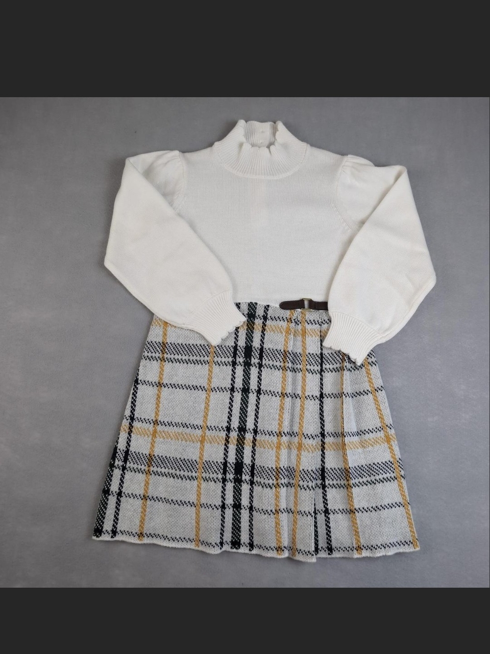 White, Mustard And Black Plaid Knit Dress